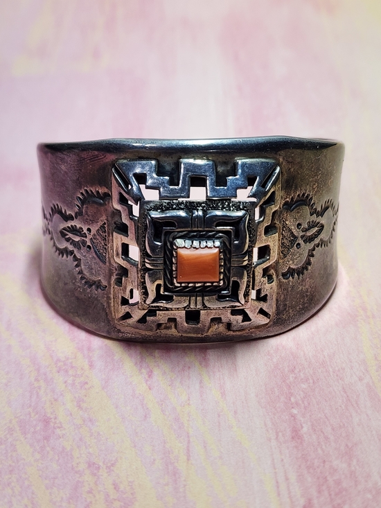 Native Jewelry - Lee Nieto Sterling and Coral Native American Cuff Bracelet